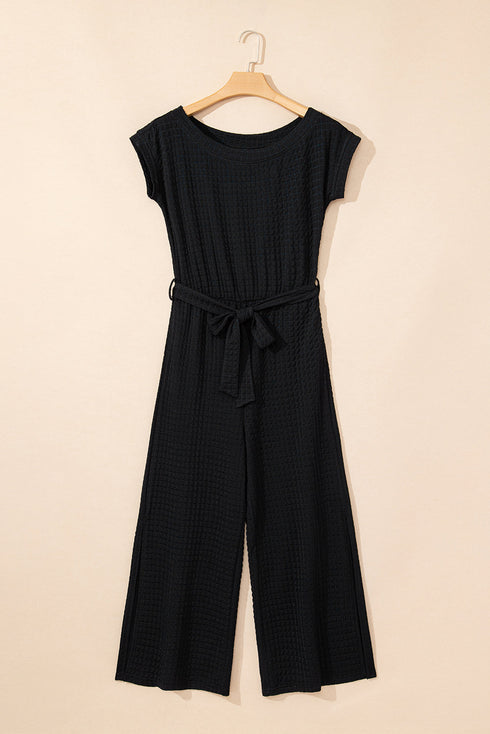 Black Checkered Mesh One Shoulder Short Sleeve Knotted Waist Jumpsuit