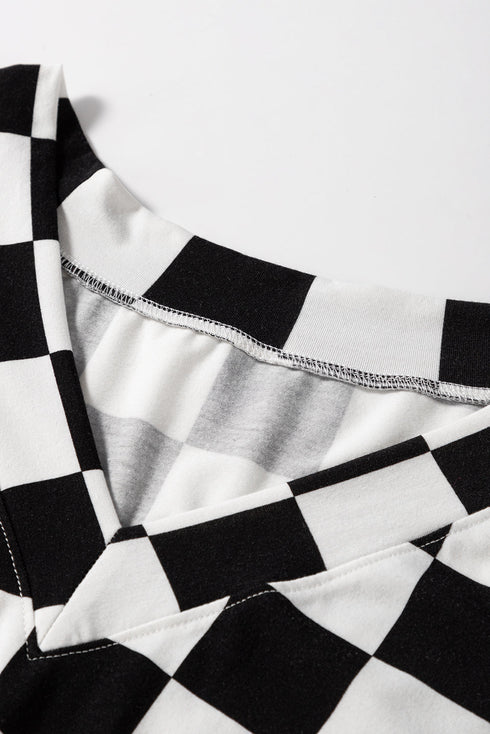 Black Checkered Pattern Tee and Shorts Plus Size Two Piece Set