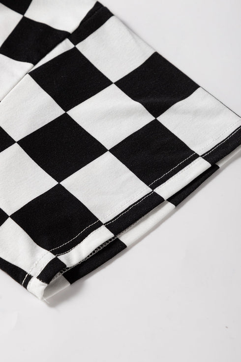 Black Checkered Pattern Tee and Shorts Plus Size Two Piece Set