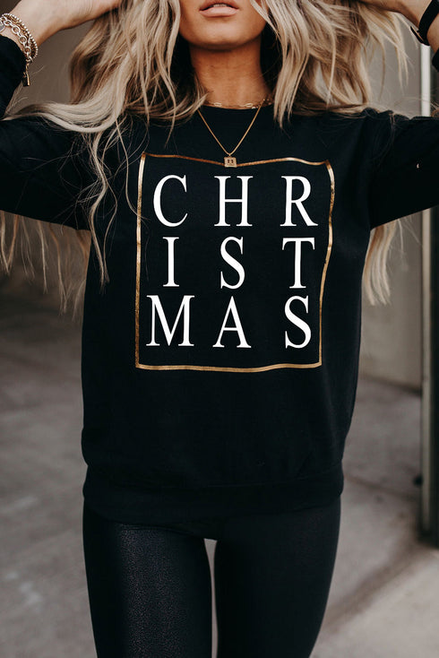Black Christmas Glitter Print Crew Neck Sweatshirt