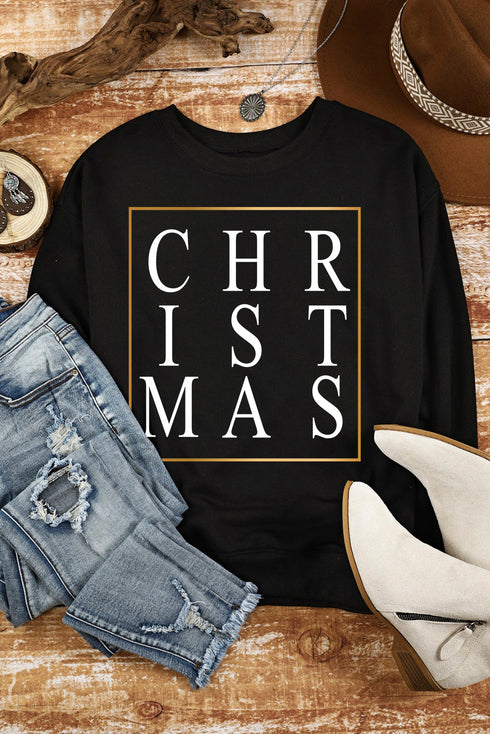 Black Christmas Glitter Print Crew Neck Sweatshirt