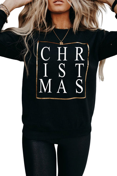 Black Christmas Glitter Print Crew Neck Sweatshirt