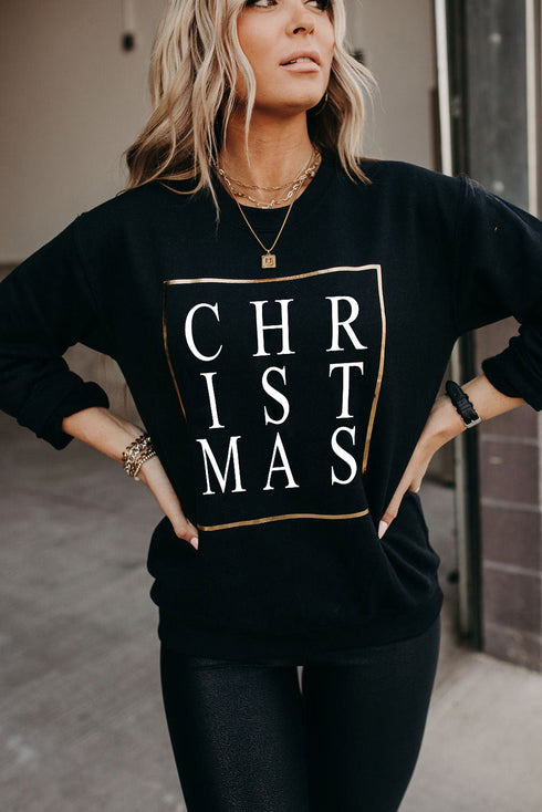 Black Christmas Glitter Print Crew Neck Sweatshirt