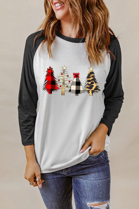 Black Christmas Tree Graphic Print Color Block Long Sleeve Top