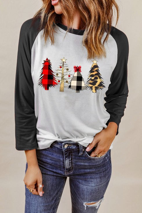 Black Christmas Tree Graphic Print Color Block Long Sleeve Top