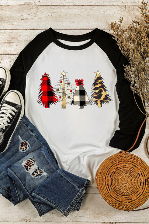 Black Christmas Tree Graphic Print Color Block Long Sleeve Top