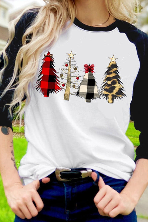 Black Christmas Tree Graphic Print Color Block Long Sleeve Top
