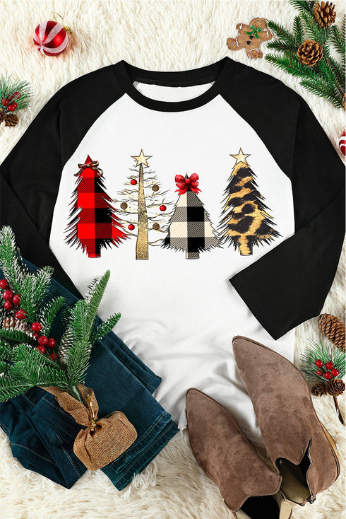 Black Christmas Tree Graphic Print Color Block Long Sleeve Top