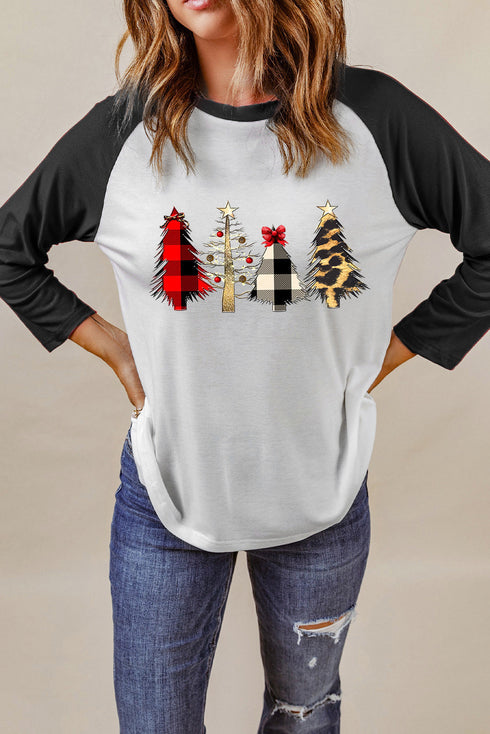 Black Christmas Tree Graphic Print Color Block Long Sleeve Top