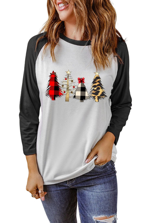 Black Christmas Tree Graphic Print Color Block Long Sleeve Top