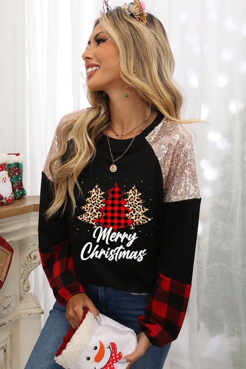 Black Christmas Tree Sequin Long Sleeve Top