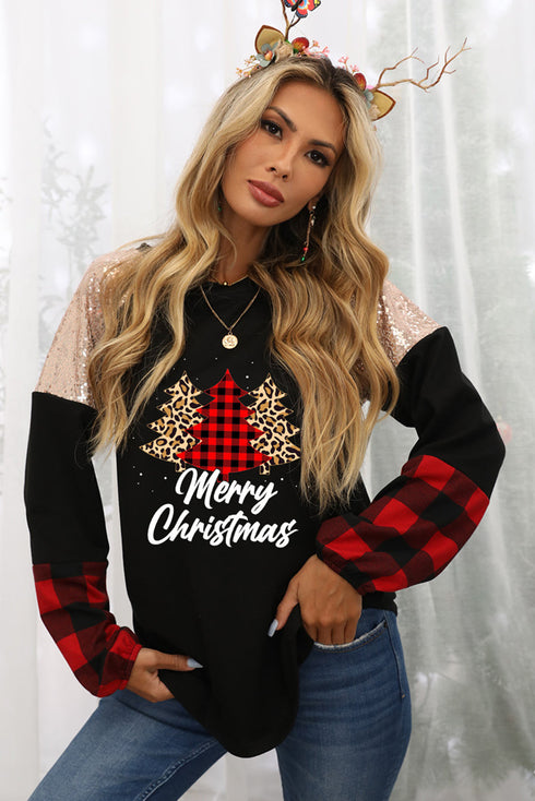 Black Christmas Tree Sequin Long Sleeve Top