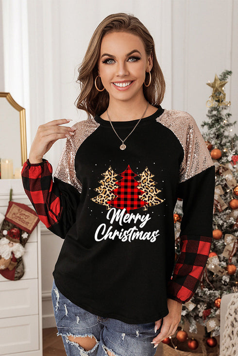 Black Christmas Tree Sequin Long Sleeve Top