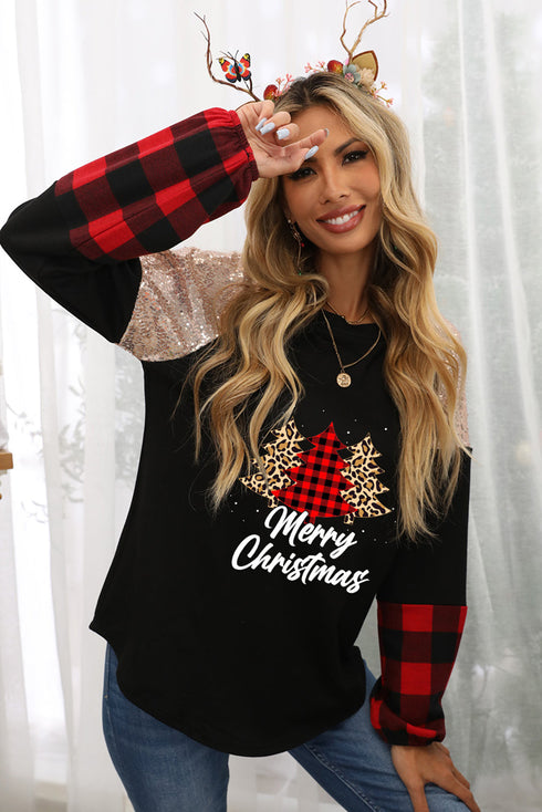 Black Christmas Tree Sequin Long Sleeve Top