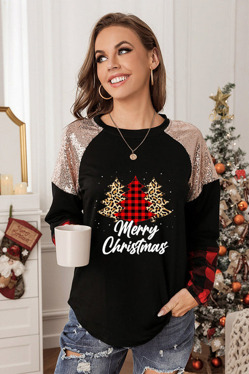 Black Christmas Tree Sequin Long Sleeve Top