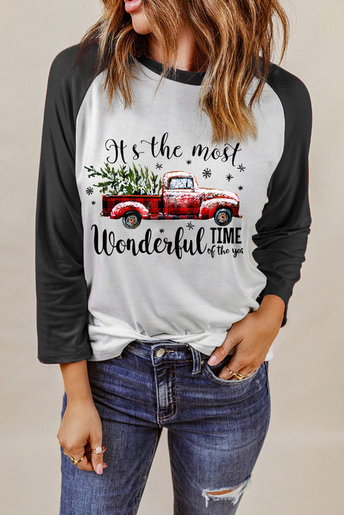 Black Christmas Truck Letter Graphic Print Color Block Top