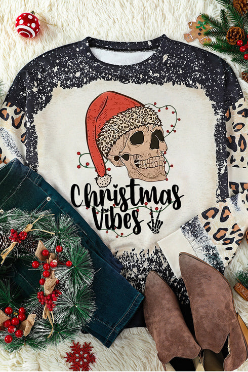 Black Christmas Vibes Skull Leopard Color Block Sweatshirt