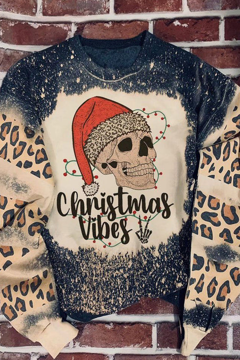 Black Christmas Vibes Skull Leopard Color Block Sweatshirt