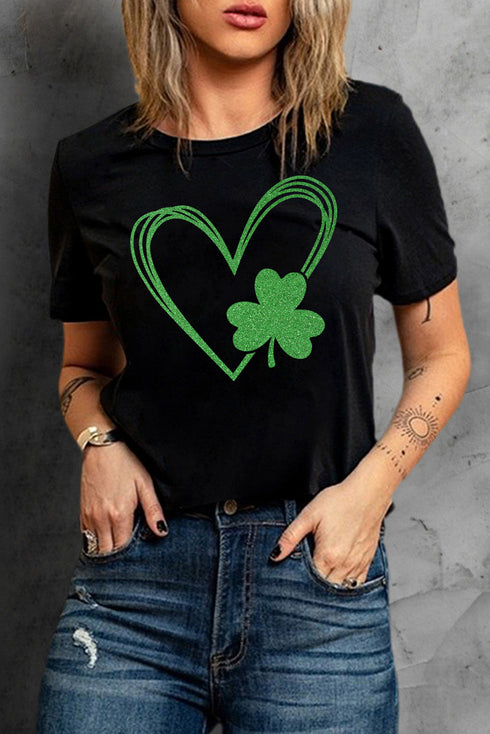 Black Clover Heart Shaped Print O-Neck Short Sleeve Tee