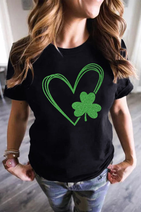 Black Clover Heart Shaped Print O-Neck Short Sleeve Tee