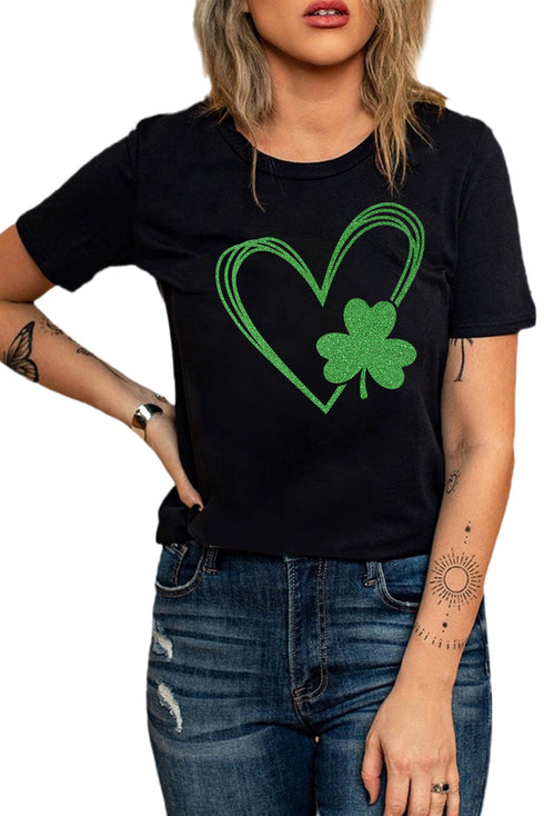 Black Clover Heart Shaped Print O-Neck Short Sleeve Tee