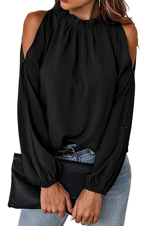 Black Cold Shoulder Bishop Sleeve Blouse