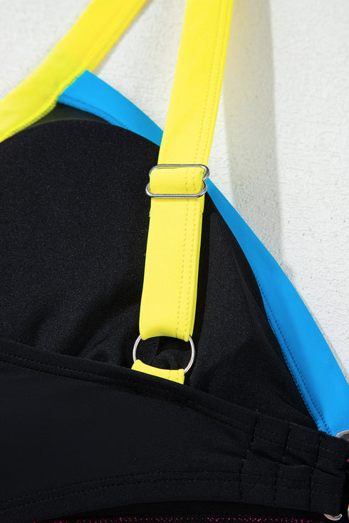 Black Color Block Drawstring Side V Neck High Waist Bikini Set