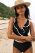 Black Color Contrast Ruffled Wrap V Neck Swimsuit