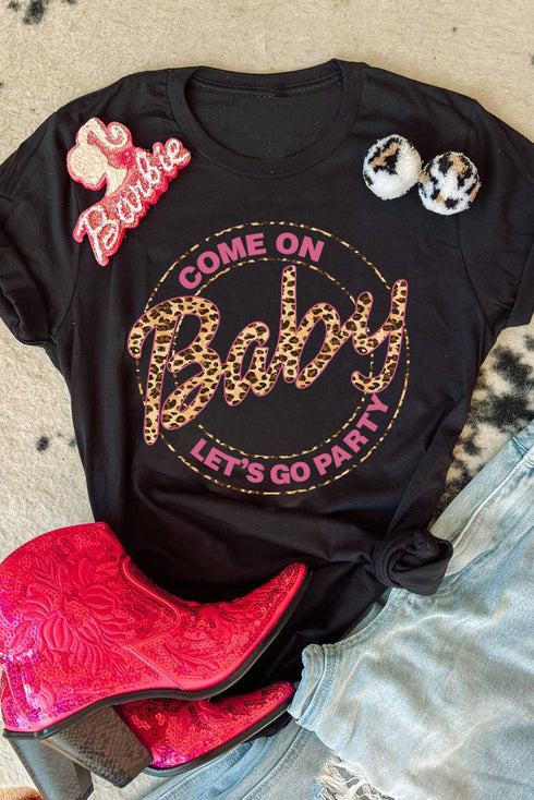 Black Come On Baby Leopard Graphic T Shirt