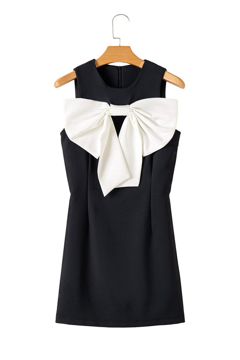 Black Contrast Bowknot Applique Crew Neck Sleeveless Mini Dress