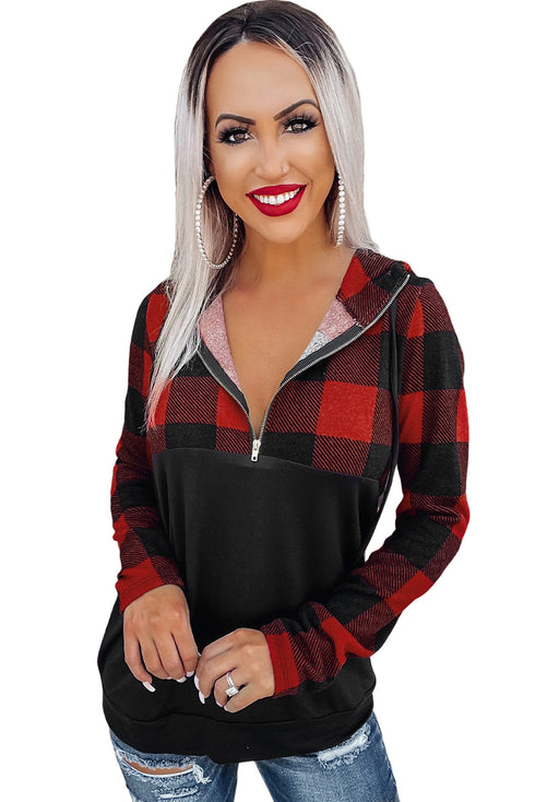 Black Contrast Buffalo Plaid Zip Pullover Hooded Top