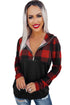 Black Contrast Buffalo Plaid Zip Pullover Hooded Top
