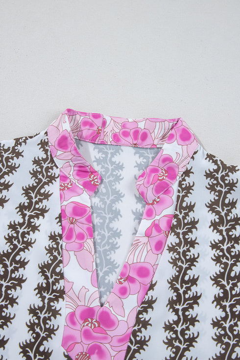 Black Contrast Floral V Neck Printed Bracelet Sleeve Dress