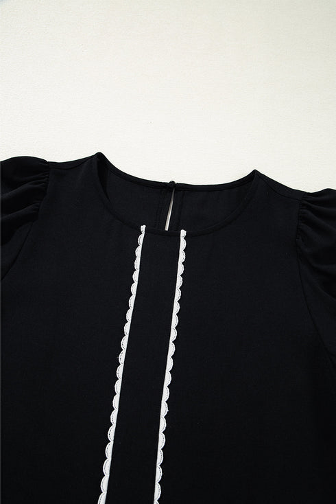 Black Contrast Scallop Trim Bow Detail Half Sleeve Shift Dress
