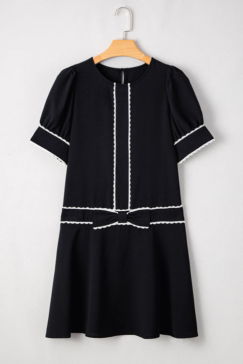 Black Contrast Scallop Trim Bow Detail Half Sleeve Shift Dress
