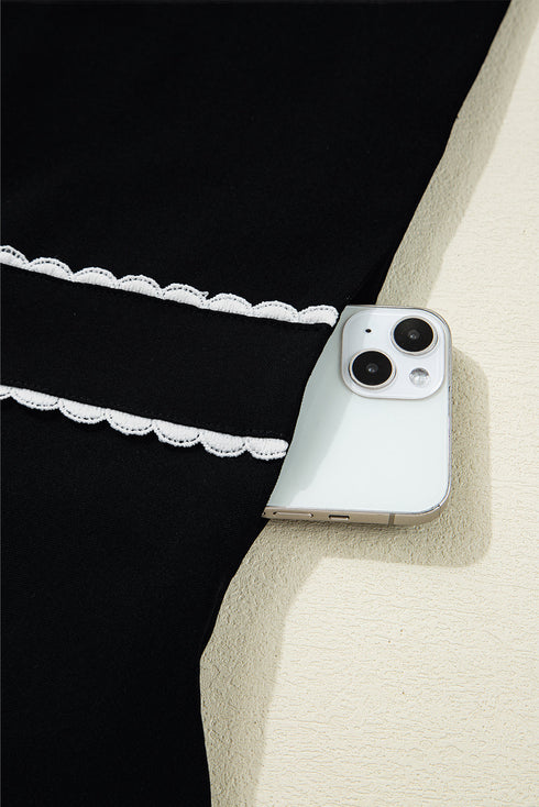 Black Contrast Scallop Trim Bow Detail Half Sleeve Shift Dress