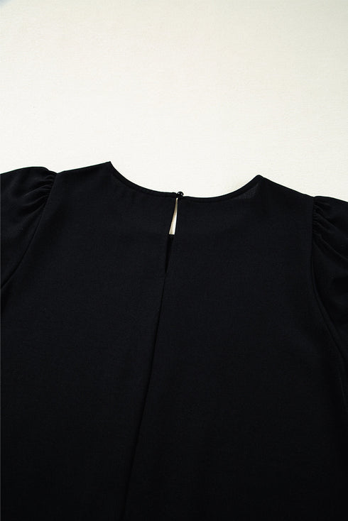 Black Contrast Scallop Trim Bow Detail Half Sleeve Shift Dress