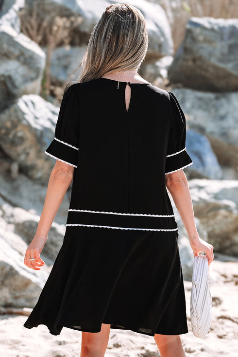 Black Contrast Scallop Trim Bow Detail Half Sleeve Shift Dress