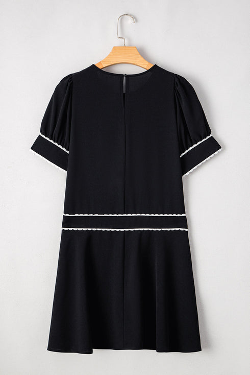 Black Contrast Scallop Trim Bow Detail Half Sleeve Shift Dress