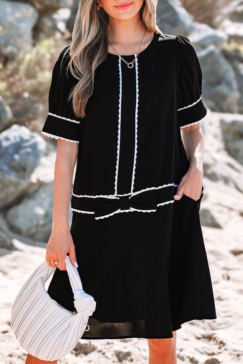 Black Contrast Scallop Trim Bow Detail Half Sleeve Shift Dress