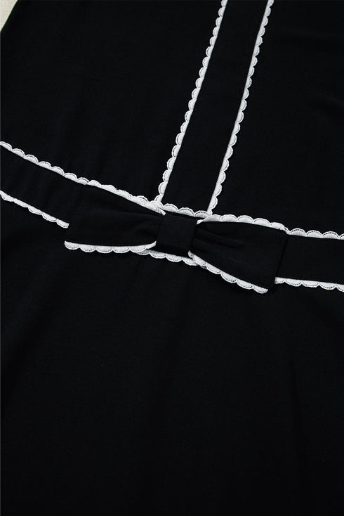 Black Contrast Scallop Trim Bow Detail Half Sleeve Shift Dress