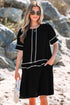 Black Contrast Scallop Trim Bow Detail Half Sleeve Shift Dress