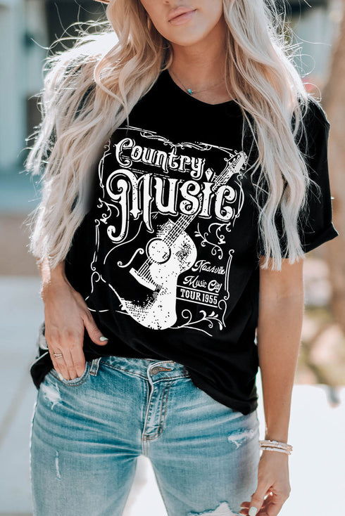 Black Country Music Western Fashion Graphic Print Tee
