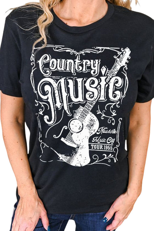 Black Country Music Western Fashion Graphic Print Tee