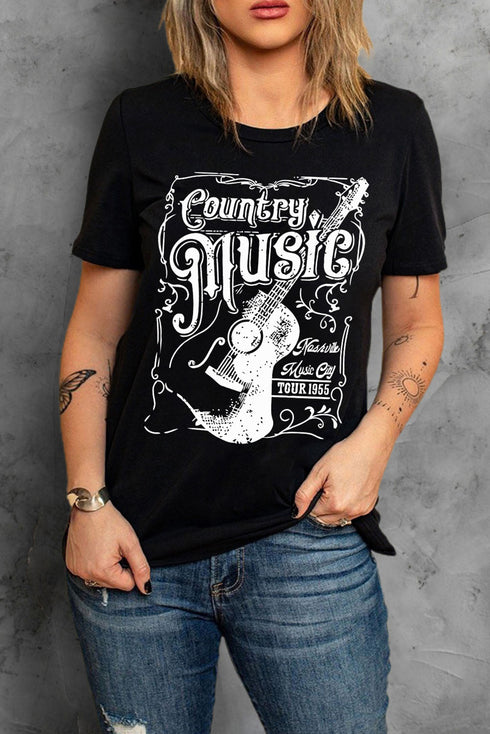 Black Country Music Western Fashion Graphic Print Tee