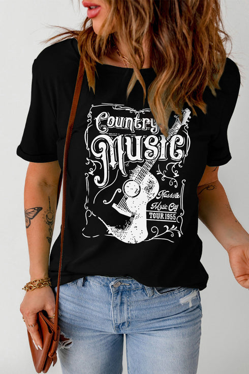 Black Country Music Western Fashion Graphic Print Tee