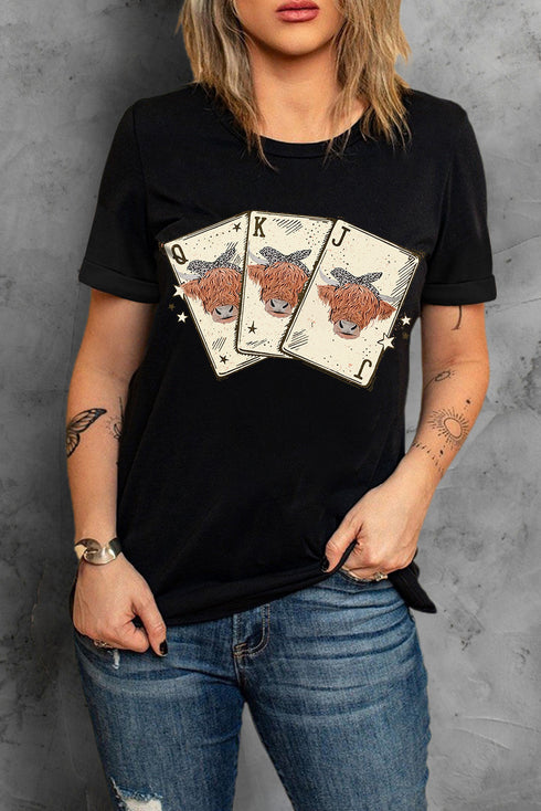 Black Cow Poker Cards Graphic Print Short Sleeve T Shirt