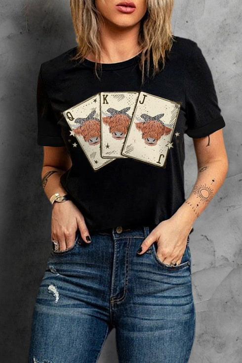 Black Cow Poker Cards Graphic Print Short Sleeve T Shirt
