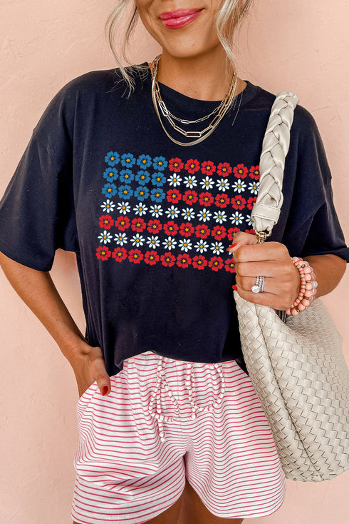 Black Cute Flowers Make Up American Flag Trendy Graphic T Shirt