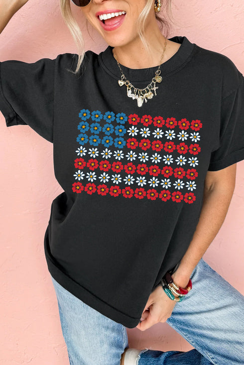 Black Cute Flowers Make Up American Flag Trendy Graphic T Shirt